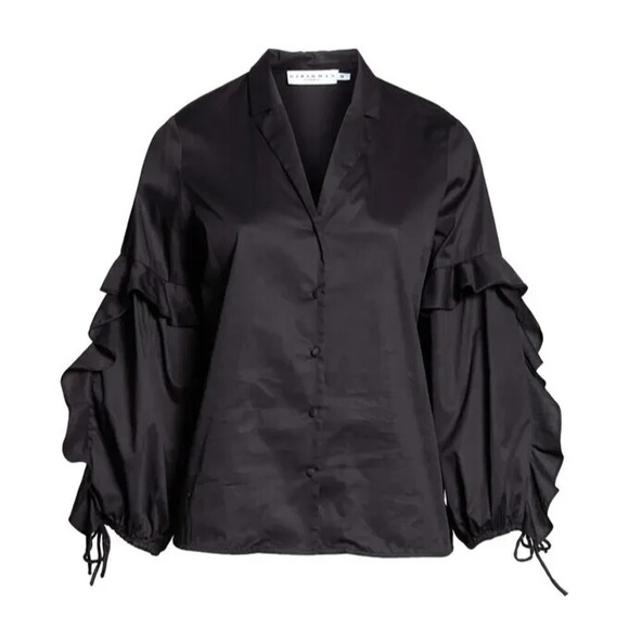 Harshman Vivona 2X Tunic Blouse Black Ruffle‎ Sleeve Cotton Top - Picture 3 of 8